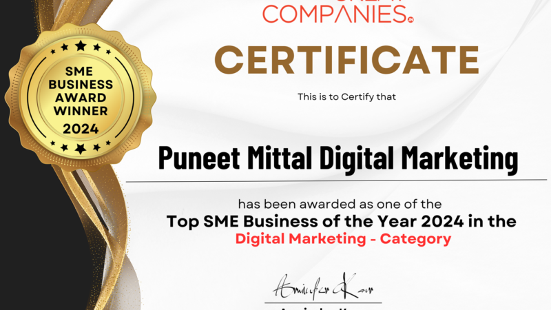Puneet Mittal Digital Marketing SME Business Award 2024 - Certificate